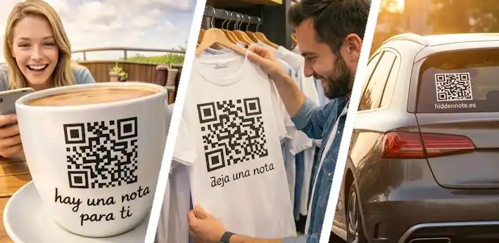 HiddenNote en una taza y una camiseta — escanea, lee y deja tu nota